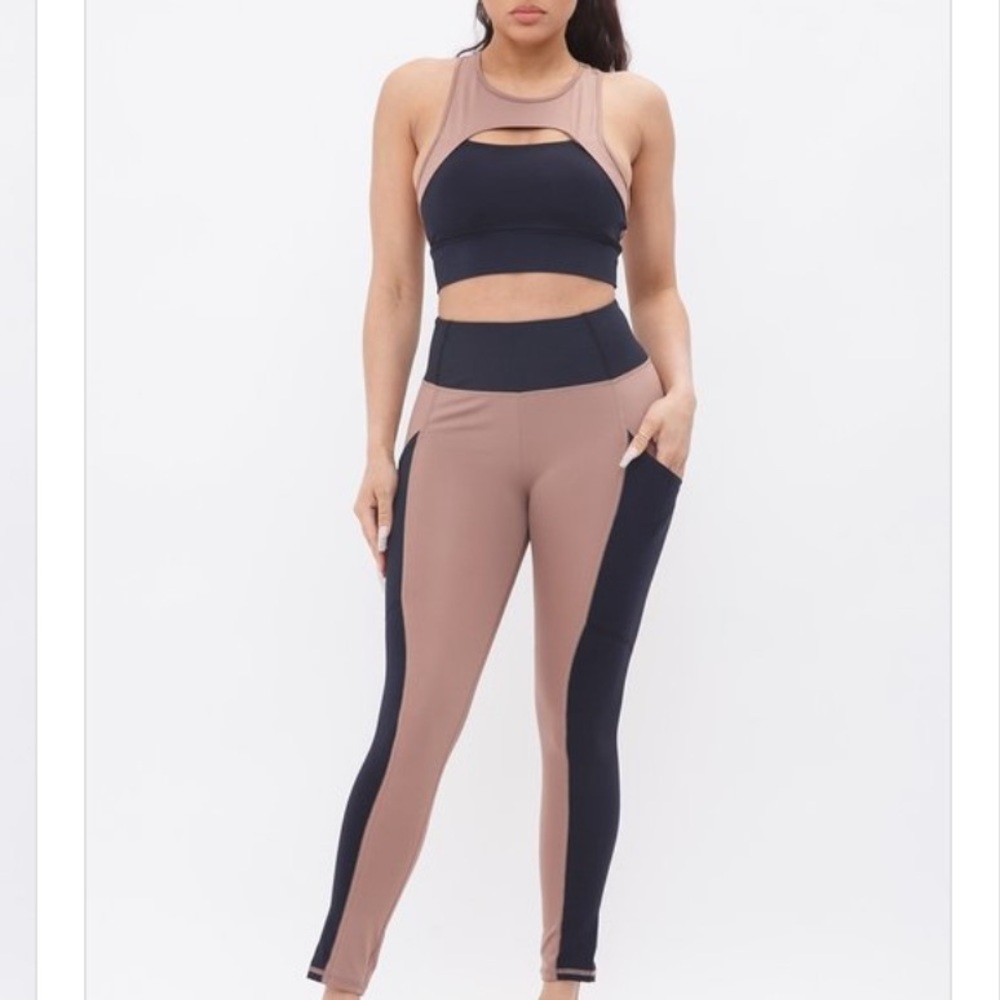 Mocha color block active bra legging set